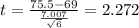 t=\frac{75.5-69}{\frac{7.007}{\sqrt{6}}}=2.272