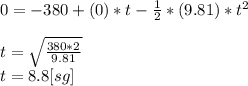 0=-380+(0)*t-\frac{1}{2} *(9.81)*t^{2} \\\\t=\sqrt{\frac{380*2}{9.81} } \\t=8.8 [sg]