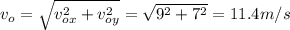v_{o} = \sqrt{v_{ox}^{2} + v_{oy}^{2}} = \sqrt{9^{2} + 7^{2}} = 11.4 m/s