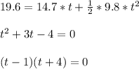 19.6=14.7*t+\frac{1}{2} *9.8*t^2\\ \\ t^2+3t-4=0\\ \\ (t-1)(t+4)=0