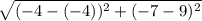 \sqrt{ ( -4 - ( -4))^{2} + ( - 7 - 9 )^{2}  }