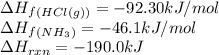 \Delta H_f_{(HCl(g))}=-92.30kJ/mol\\\Delta H_f_{(NH_3)}=-46.1kJ/mol\\\Delta H_{rxn}=-190.0kJ