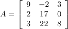 A=\left[\begin{array}{ccc}9&-2&3\\2&17&0\\3&22&8\end{array}\right]