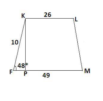 Given:  fklm is a trapezoid, kl = 26 fm = 49, fk = 10, m∠f = 48º find:  area of fklm