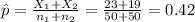 \hat p=\frac{X_{1}+X_{2}}{n_{1}+n_{2}}=\frac{23+19}{50+50}=0.42