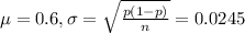\mu = 0.6, \sigma = \sqrt{\frac{p(1-p)}{n}} = 0.0245
