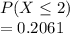 P(X\leq 2)\\=0.2061