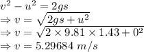 v^2-u^2=2gs\\\Rightarrow v=\sqrt{2gs+u^2}\\\Rightarrow v=\sqrt{2\times 9.81\times 1.43+0^2}\\\Rightarrow v=5.29684\ m/s