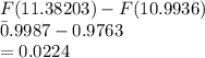 F(11.38203)-F(10.9936)\\\=0.9987-0.9763\\=0.0224