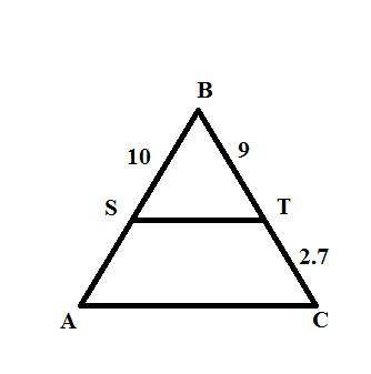 Triangle a b c is cut by line segment s t. line segment s t goes from side a b to side c b. lines s