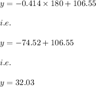 y=-0.414\times 180+106.55\\\\i.e.\\\\y=-74.52+106.55\\\\i.e.\\\\y=32.03