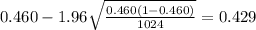 0.460-1.96\sqrt{\frac{0.460(1-0.460)}{1024}}=0.429
