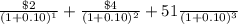 \frac{\$2}{(1+0.10)^1}+\frac{\$4}{(1+0.10)^2}+\frac{$51}{(1+0.10)^3}