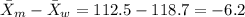 \bar X_m -\bar X_w =112.5-118.7=-6.2