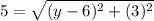 5=\sqrt{(y-6)^{2}+(3)^{2}}
