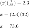 (x)(\frac{1}{32})=2.3\\\\x=(2.3)(32)\\\\x=73.6