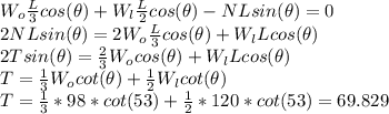 W_o\frac{L}{3}cos(\theta) + W_l\frac{L}{2}cos(\theta) - NLsin(\theta) = 0\\2NLsin(\theta) = 2W_o\frac{L}{3}cos(\theta)+W_lLcos(\theta)\\2Tsin(\theta) = \frac{2}{3}W_ocos(\theta)+W_lLcos(\theta)\\T = \frac{1}{3}W_ocot(\theta) + \frac{1}{2}W_lcot(\theta)\\T = \frac{1}{3} * 98 * cot(53) + \frac{1}{2} * 120 * cot(53) = 69.829