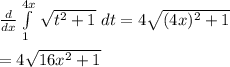 \frac{d}{dx} \int\limits^{4x}_ {1} \, \sqrt{t^2+1}\ dt=4\sqrt{(4x)^2+1}\\\\=4\sqrt{16x^2+1}
