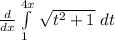 \frac{d}{dx} \int\limits^{4x}_ {1} \, \sqrt{t^2+1}\ dt