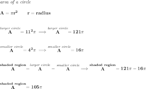 \bf \textit{area of a circle}\\\\&#10;A=\pi r^2\qquad r=radius&#10;\\\\\\&#10;\stackrel{\textit{larger circle}}{A}=11^2\pi \implies \stackrel{\textit{larger circle}}{A}=121\pi &#10;\\\\\\&#10;\stackrel{\textit{smaller circle}}{A}=4^2\pi \implies \stackrel{\textit{smaller circle}}{A}=16\pi &#10;\\\\\\&#10;\stackrel{shaded~region}{A}=\stackrel{\textit{larger circle}}{A}-\stackrel{\textit{smaller circle}}{A}\implies \stackrel{shaded~region}{A}=121\pi -16\pi &#10;\\\\\\&#10;\stackrel{shaded~region}{A}=105\pi