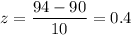 z=\dfrac{94-90}{10}=0.4