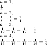 a=1,\\\frac{1}{4}\\a=2,\\\frac{1}{8} +\frac{1}{8}=\frac{1}{4} \\a=3,\\\frac{1}{12} +\frac{1}{12} +\frac{1}{12}=\frac{1}{4} \\a=4,\\\frac{1}{16} +\frac{1}{16} +\frac{1}{16} +\frac{1}{16}=\frac{1}{4} \\