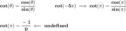 \bf cot(\theta)=\cfrac{cos(\theta)}{sin(\theta)}\qquad \qquad cot(-5\pi )\implies cot(\pi )=\cfrac{cos(\pi )}{sin(\pi )}&#10;\\\\\\&#10;cot(\pi )=\cfrac{-1}{0}\impliedby und efined