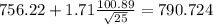 756.22+1.71\frac{100.89}{\sqrt{25}}=790.724