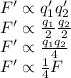 F'\propto q_1'q_2'\\F'\propto \frac{q_1}{2}\frac{q_2}{2}\\F'\propto \frac{q_1q_2}{4}\\F'\propto\frac{1}{4}F