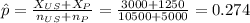\hat p=\frac{X_{US}+X_{P}}{n_{US}+n_{P}}=\frac{3000+1250}{10500+5000}=0.274