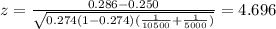 z=\frac{0.286-0.250}{\sqrt{0.274(1-0.274)(\frac{1}{10500}+\frac{1}{5000})}}=4.696