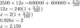 2500\times12x = $600000 + $600000 \times \frac{3.7x}{100} \\12x = 240(1 + \frac{3.7x}{100})\\x = 2(1 + \frac{3.7x}{100})\\0.926x = 2\\x = 2.159