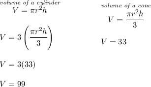 \bf \begin{array}{llll} \stackrel{\textit{volume of a cylinder}}{V=\pi r^2 h}\\\\ V=3\left( \cfrac{\pi r^2 h}{3} \right)\\\\ V=3(33)\\\\ V=99 \end{array} \qquad \qquad \begin{array}{llll} \stackrel{\textit{volume of a cone}}{V=\cfrac{\pi r^2 h}{3}}\\\\ V=33\\\\\\\\\\ \end{array}