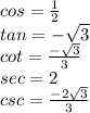 cos=\frac{1}{2}\\tan=-\sqrt{3} \\cot=\frac{-\sqrt{3} }{3} \\sec=2\\csc=\frac{-2\sqrt{3} }{3}