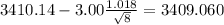 3410.14-3.00\frac{1.018}{\sqrt{8}}=3409.060
