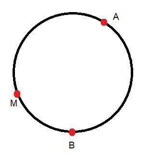 Points a and b split the circle into two arcs. measure of minor arc is 150°. point m splits major ar