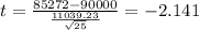 t=\frac{85272-90000}{\frac{11039.23}{\sqrt{25}}}=-2.141