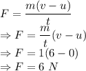 F=\dfrac{m(v-u)}{t}\\\Rightarrow F=\dfrac{m}{t}(v-u)\\\Rightarrow F=1(6-0)\\\Rightarrow F=6\ N
