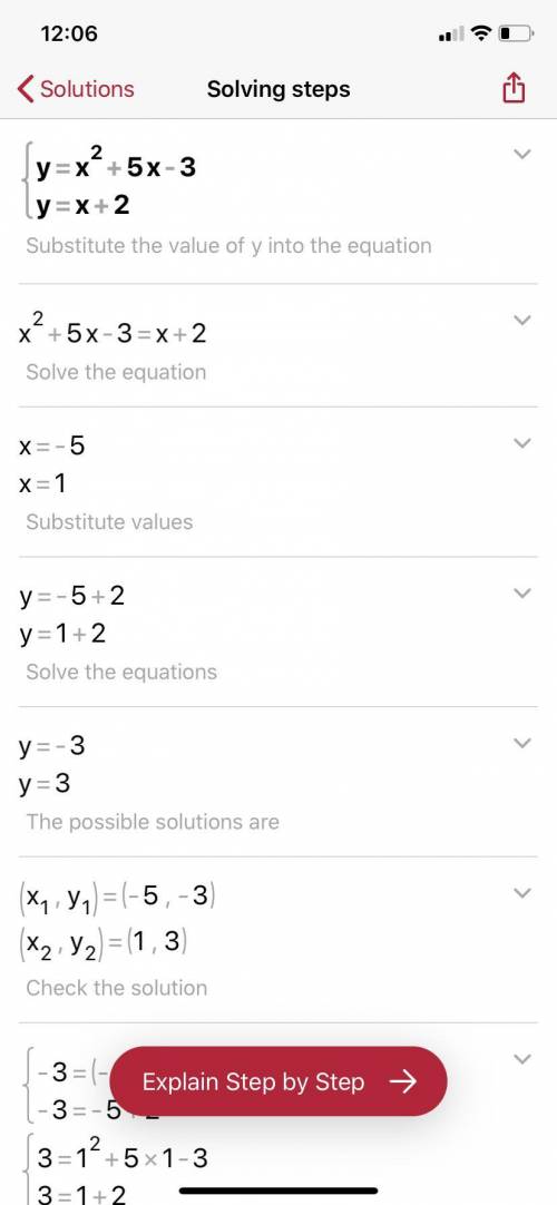 Y=x^2+5x-3 y=x+2 substitution  show your work need asap