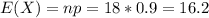 E(X)=np=18*0.9=16.2