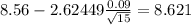 8.56-2.62449\frac{0.09}{\sqrt{15}}=8.621