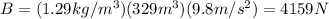 B=(1.29 kg/m^3)(329 m^3)(9.8 m/s^2)=4159 N