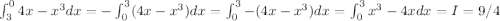 \int_3^0 4x - x^3 dx=-\int_0^3 (4x-x^3) dx=\int_0^3-(4x-x^3) dx=\int_0^3 x^3-4x dx=I=9/4