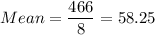 Mean =\displaystyle\frac{466}{8} = 58.25