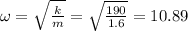 \omega =\sqrt{\frac{k}{m}}=\sqrt{\frac{190}{1.6}}=10.89