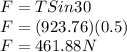 F = T Sin30\\F = (923.76) (0.5)\\F = 461.88 N