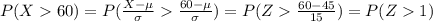 P(X60)=P(\frac{X-\mu}{\sigma}\frac{60-\mu}{\sigma})=P(Z\frac{60-45}{15})=P(Z1)