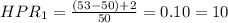 HPR_1 = \frac{(53 - 50) + 2}{50} = 0.10 = 10