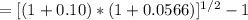 = [(1+ 0.10) *(1+0.0566)]^{1/2} -1
