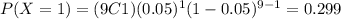 P(X=1)=(9C1)(0.05)^1 (1-0.05)^{9-1}=0.299